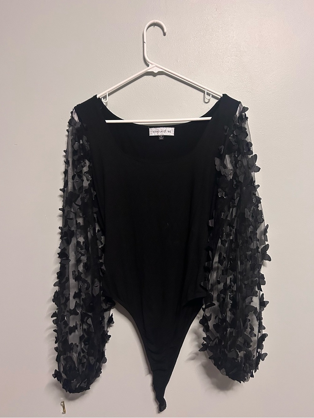 Black Bodysuit with Textured Sheer Floral Sleeves